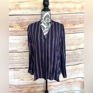 Jennifer Lopez Purple Blue Gold Metallic Striped V-Neck Long Sleeve Blouse Sz M